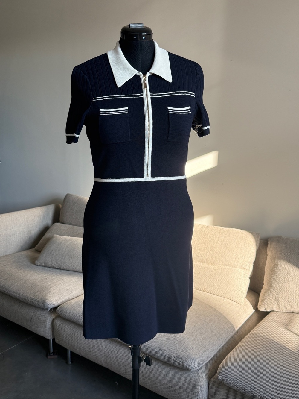 Sandro Navy Zip-Front Knit Dress with White Trim